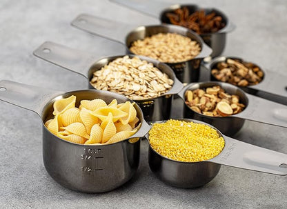 Set of 7 Heavy Duty Measuring Cups, 18/8 Stainless Steel with Ring Connector, Dark Grey