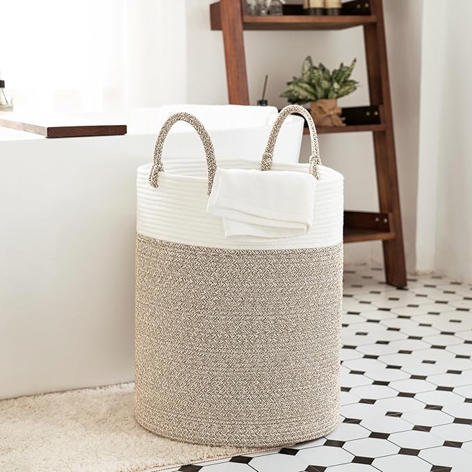 INDRESSME Tall Wicker Laundry Basket, Large Woven Clothes Hamper for Bedroom, Bathroom, Living room, Tall Nursery Hamper for Blankets, Toys, 16 x 20 inches White & Brown