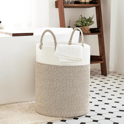 INDRESSME Tall Wicker Laundry Basket, Large Woven Clothes Hamper for Bedroom, Bathroom, Living room, Tall Nursery Hamper for Blankets, Toys, 16 x 20 inches White & Brown