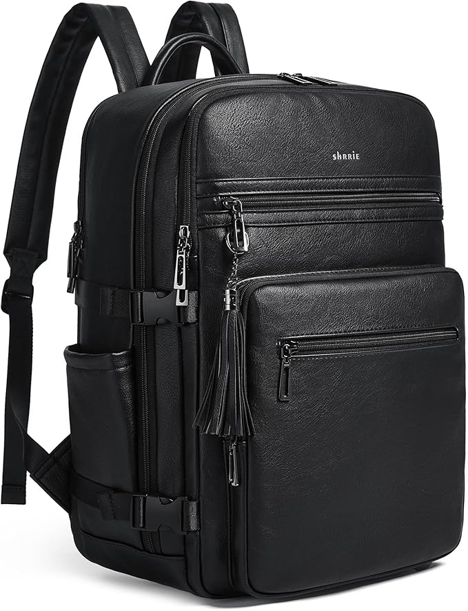 Shrrie Laptop Backpack for Women,Vegan Leather Backpack Work Computer Backpacks fits 16" Laptop,Water Resistant Teacher Nurse Casual Daypack for Weekender Camping Travel,Two-toned Black