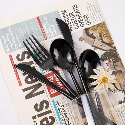 Supernal 180pcs Black Plastic Silverware Heavy Duty Black Party Cutlery Disposable Plastic Forks and Spoons Disposable Utensils Flatware Include 60 Forks,60 Knvies,60 Spoons