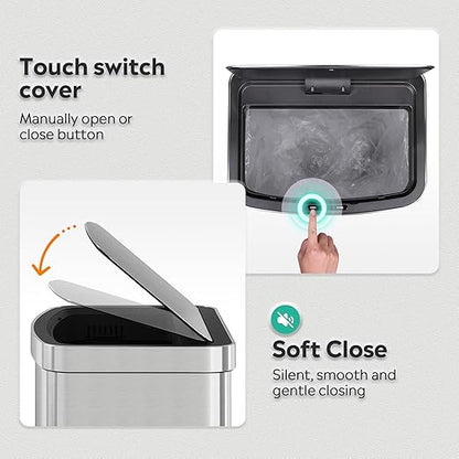 WLIVE 16 Gallon Motion Sensor Trash Can, 60 Liter Automatic Kitchen Trash Can with Soft Close Lid, Touchless Electronic Smart Stainless Steel Waste Bin for Kitchen, Office, Silver