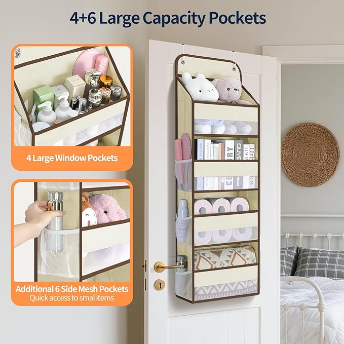 Yecaye Over The Door Organizer, Heavy Duty Hanging Organizers and Storage with 4 Large Capacity Pockets, Swing-Proof Behind The Door Storage for Bathroom Nursery Bedroom Dorm Closet, Beige