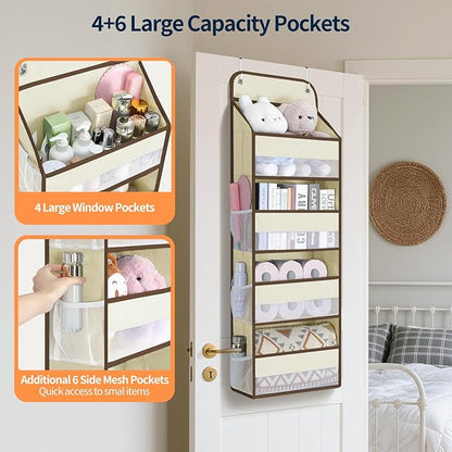 Yecaye Over The Door Organizer, Heavy Duty Hanging Organizers and Storage with 4 Large Capacity Pockets, Swing-Proof Behind The Door Storage for Bathroom Nursery Bedroom Dorm Closet, Beige