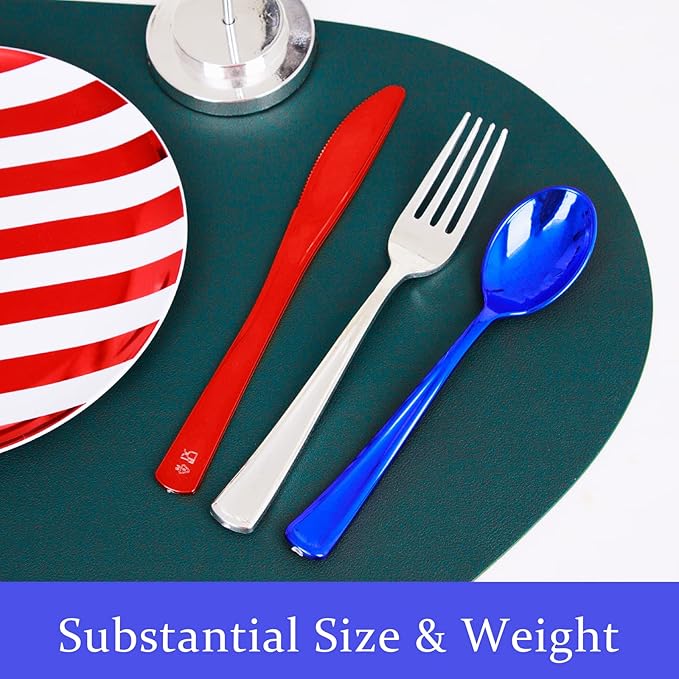 NOCCUR 180PCS Independence Day Silverware - 4th of July Tricolor Plastic Cutlery - Include 60 Red Knives, 60 Silver Forks, 60 Blue Spoons - Ideal for Independence Day