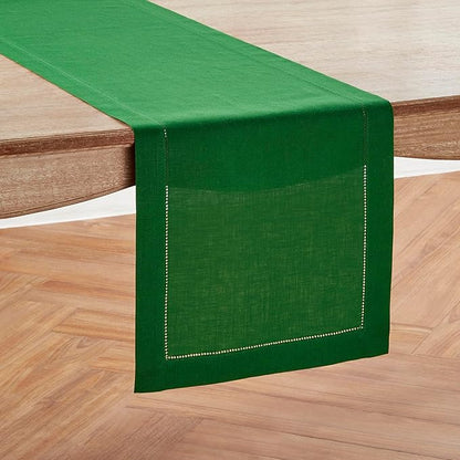 Solino Home Linen Garden Green Table Runner 90 Inches Long - 100% Pure Linen Hemstitch 14 x 90 Inch Table Runner for Dining, Christmas, Winter, New Year - Classic Hemstitch
