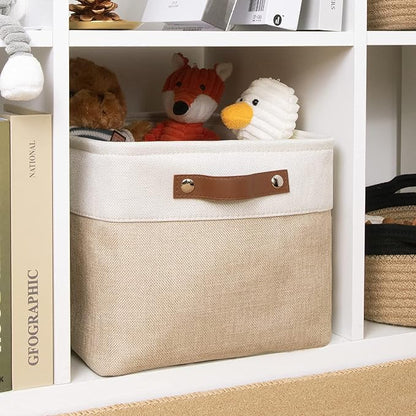 DULLEMELO Collapsible Rectangle Fabric Storage Basket for Organizing Clothes, Toys, Towels, Books, Laundry, Nursery, Dog Toys (White & Khaki)