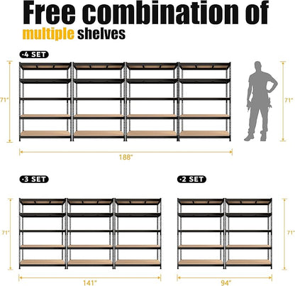 PrimeZone Heavy Duty Adjustable 5 Tier Garage Storage Shelves - 47" W x 18" D x 71" H, Metal Utility Rack Shelf Unit for Warehouse, Pantry, Closet, Kitchen, Black