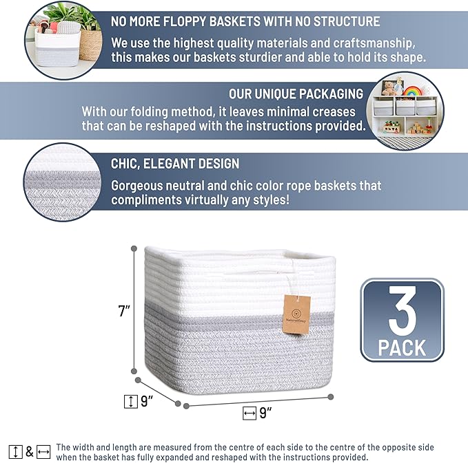 NaturalCozy Storage Cubes 9”x9”x7”Cotton Rope Woven Baskets for Organizing 3-Pack | 9 Inch Cube Storage Bin | Small Basket for Shelf Nursery, Pantry, Decorative Plant, Bathroom Closet, Toy Gift