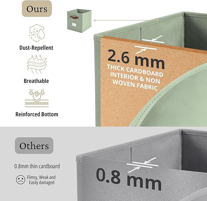 DECOMOMO Storage Bins, Cube Storage Bin with Labels, Fabric Storage Cubes for Shelves (10.5" x 11" / 6pcs, Sage Green)