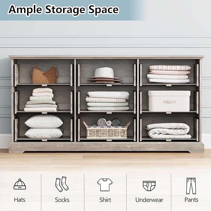 9 Drawer Dresser for Bedroom, 63" Wide Wooden Chest of Drawers, Rustic Farmhouse Dresser with Large Drawers & Metal Handles, Modern Storage Organizer for Closet, Living Room, Hallway, Grey