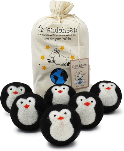 Friendsheep Wool Dryer Balls, Organic Fair Trade Reusable Fabric Softener, Extra Large, 6 Pack, Black Penguin - Cool Friends