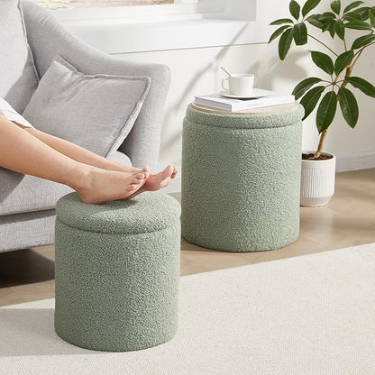 Boucle Round Ottoman with Storage Set of 2,Small Foot Stool Ottoman for Living Room,Small Coffee Table, Vanity Stool with Storage for Bedroom, Green