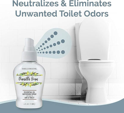 SMELLS BEGONE 4 oz Essential Oil Air Freshener Bathroom Spray - Eliminates Bathroom & Toilet Odors - Made with Essential Oils - Vanilla Bean Scent