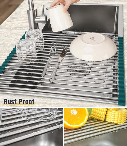 Tomorotec Stainless Steel Roll Up Dish Drying Rack, Foldable Over The Sink Rolling Drainer Rack, Multipurpose Kitchen Gadget Draining Caddy Organizer, Space Saving Sink Accessory Storage Shelf Holder