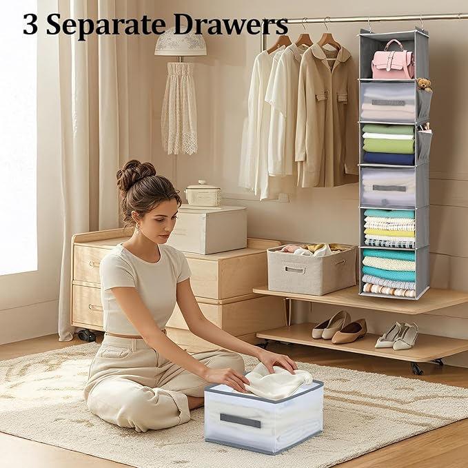 6-Tier Hanging Closet Organizer with Drawers and Side Pockets – Versatile Closet Storage for Shoes, Hats, Belts, and Purses