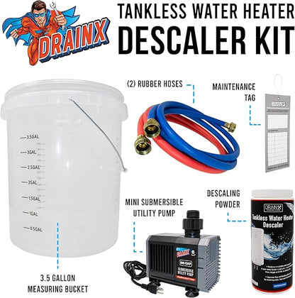 DrainX Tankless Water Heater Flushing Kit with Pump, Hoses, Descaling Powder and Measuring Bucket, All in One Complete Maintenance Solution