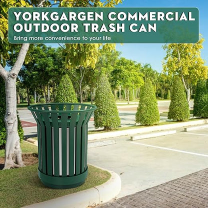 16Gallon/62L Commercial Outdoor & Indoor Metal Trash Can, Outdoor Slatted Trash Receptacle with Metal Linner, All Weather Resistant Large Outside Zone Round Garbage Bin for Street, Park, School-Green