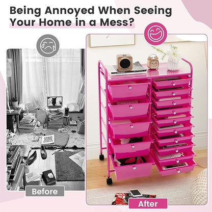 GOFLAME 15-Drawer Rolling Storage Cart, Multipurpose Movable Organizer Cart, Utility Cart for Home, Office, School, Hot Pink