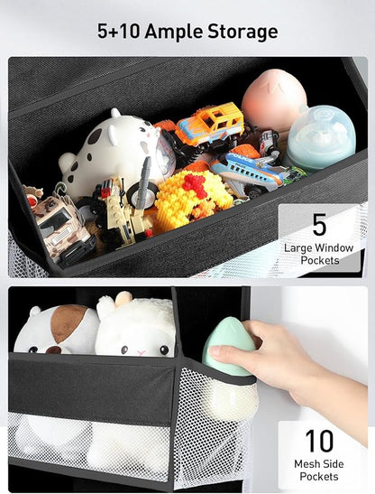 Yecaye 2 Pc Over the Door Organizer with 5 Bins 10 Side Pockets, 44lbs Load Hanging Bathroom and Bedroom Organizer, behind the Door Hanging Organizers for Nursery Newborn Baby Essential Stuff Black