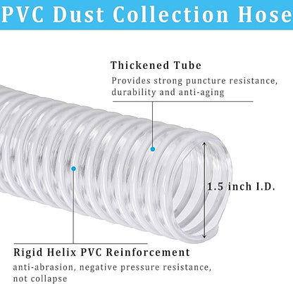 Dust Collection Hose 1-1/2 in × 10 ft Heavy Duty Clear Flexible PVC Reinforced Thicken Helix Suction Discharge Corrugated Pipe Hose for Fume Dust Collector Fitting Wood Chip Saw (1.5 inch 38mm hose)