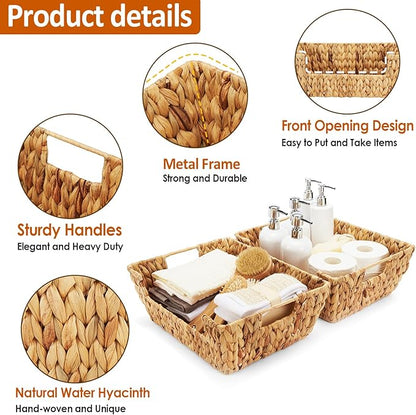 Water Hyacinth Wicker Basket 2 Pack With Handles - Pantry Storage and Organization, Handmade Large Natural Baskets for Organizing