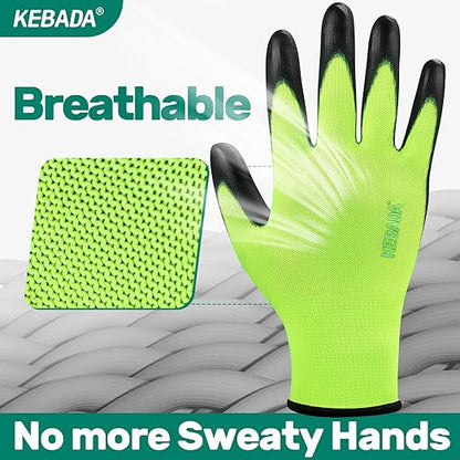 Kebada W1 Work Gloves for Men and Women, PU Coated Safety Gloves with Grip, Touchscreen, Ideal for Warehouse Package Handling, Construction, Gardening, Green X-Small