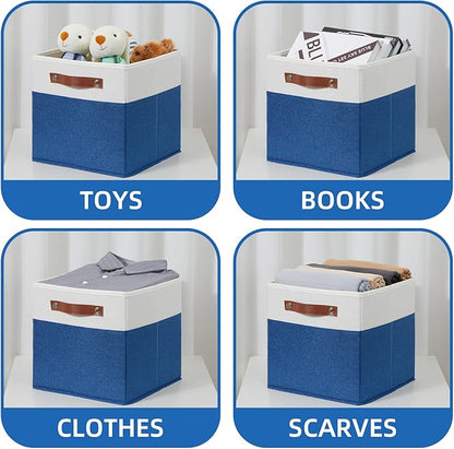 Temary 11 Storage Cube Bins for Shelves, Closet - 4 Pack Fabric Baskets With Leather Handles (White & Blue)