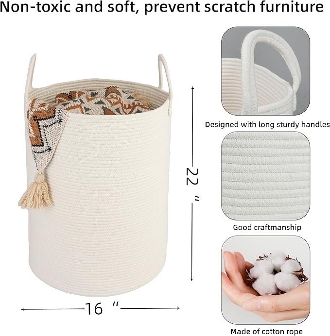 Cotton Rope Laundry Basket Hamper for Clothes Woven Storage Basket for Living Room Bedroom Boho Tall Rope Baskets for Blanket Toys Pillow Towels Baby Nursery Hamper Bin Large white