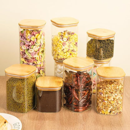 82 Oz Glass Storage Containers with Bamboo Lids, Square Glass Canister Sets Clear Glass Pantry Storage Containers with Lids for Cookie Flour Oat Pasta Tea Coffee Bean, Set of 3