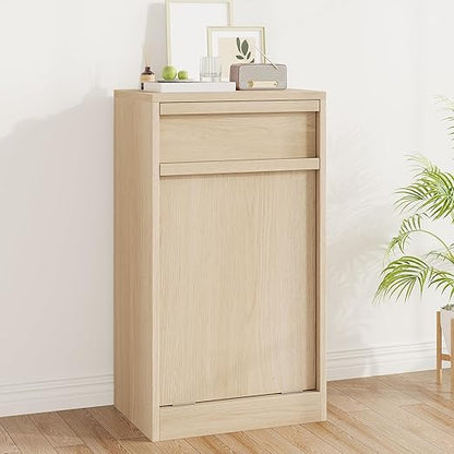 Tilt Out Trash Cabinet, Natural Wood Hidden Garbage Can Cabinet for 10 Gallon Bins, Modern Pet-Proof Trash Cabinets for Kitchen, Dining, Living Room Storage