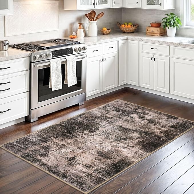 IOHOUZE Abstract Area Rug 3x5 Ft Washable Rugs for Entryway Indoor, Non Slip Kitchen Rug Printed Faux Wool Throw Rugs, Indoor Door Mat for Door Entrance Foyer Living Room, Brown/Rust