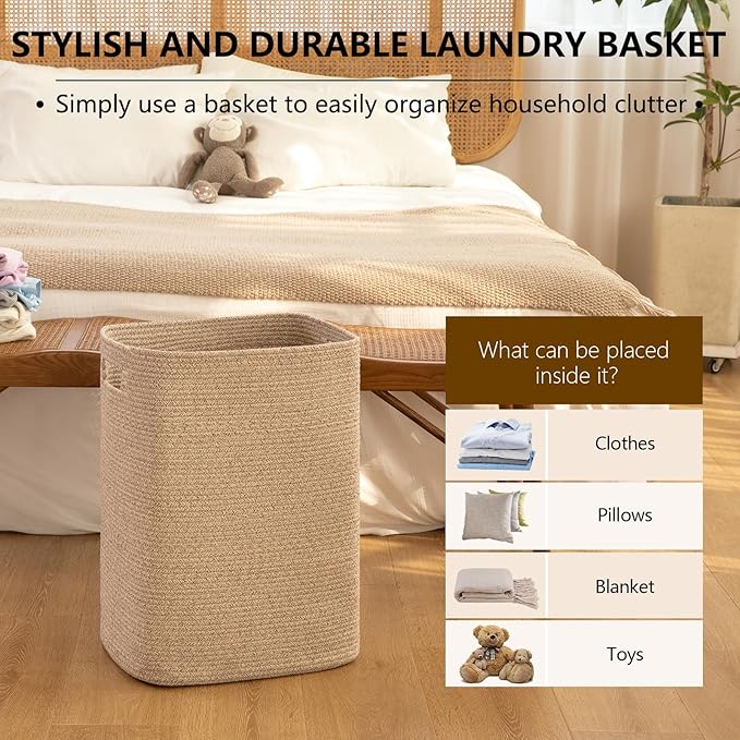 OIAHOMY Laundry Hamper, Rectangle Cotton Laundry Basket with Handles, Large Blanket Basket for Living room, Woven Decorative Storage for Toys,Clothes,Pillows-16x13x22in-Brown variegated