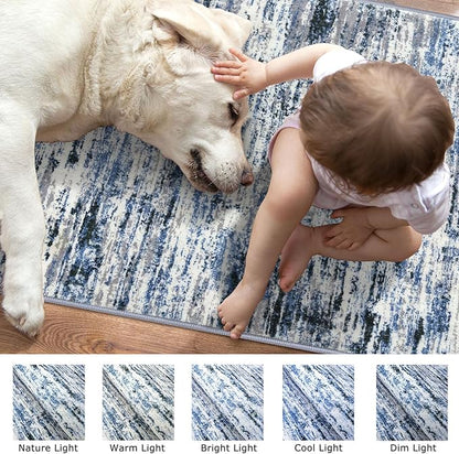Modern Abstract Runner Rug 2.6x18, Grey Blue White Washable Long Kitchen Runner Non-Slip Soft Hallway Rug Runner Thin Print Faux Wool Carpet for Entryway Bedroom Laundry Room Indoor Home Decor