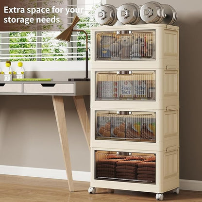4 Tier - 48QT Storage Bins with Lids, Collapsible Storage Bins with Doors and Wheels, Plastic Storage Cabinet for Easy Storage and Organization for Living Room, Office