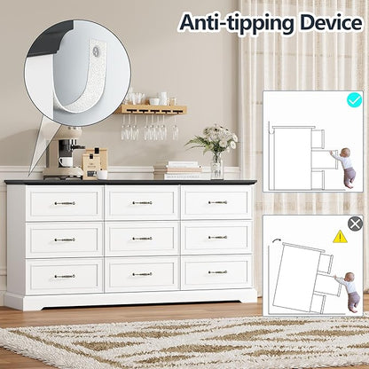 9 Drawer Dresser for Bedroom, 63" Wide Wooden Chest of Drawers, Rustic Farmhouse Dresser with Large Drawers & Metal Handles, Modern Storage Organizer for Closet, Living Room, Hallway, White
