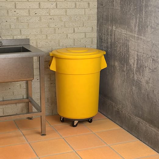 55 Gallon Yellow Round Commercial Trash Can with Lid and Dolly