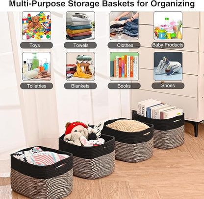 Small Storage Baskets for Organizing Shelves, Cotton Rope Basket for Storage, Cute Rectangular Book Toy Basket, 12.7"×9.1"×7.9", 4 Packs, Black & Jute
