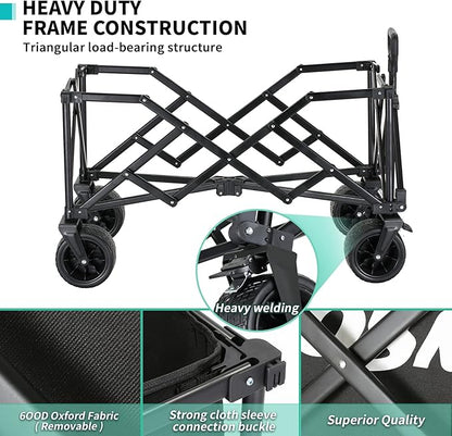EchoSmile Collapsible Folding Wagon Cart with Compact Storage - 400LBS Capacity All Terrain Utility Cart for Camping, Beach, Grocery, Gardening - Black Outdoor Wagon