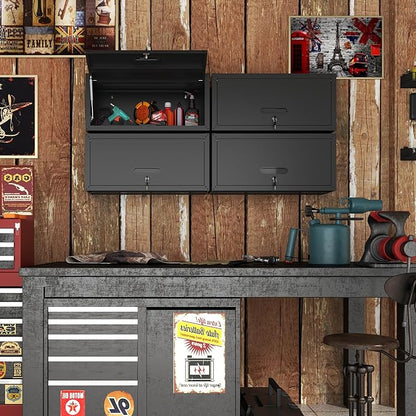 Garage Wall Cabinet with Flip-Up Door, Lockable Metal Storage Cabinet Wall Mounted, Hanging Tool Cabinet for Garage Basement Utility Room, Black