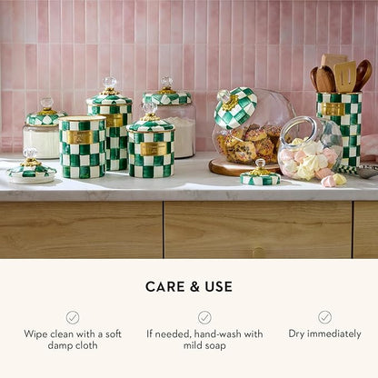 MACKENZIE-CHILDS Medium Kitchen Canister, Decorative Glass Storage Jar with Lid, Green-and-White Emerald Check