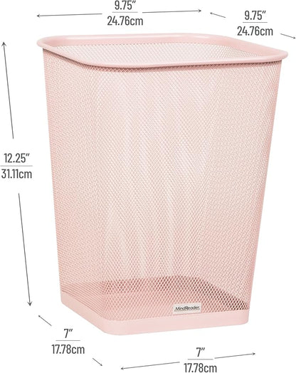 Mind Reader Mesh Trash Can, Square Wastebasket for Office or Home, 5 Gallon Capacity, Metal Mesh, Set of 2, Pink