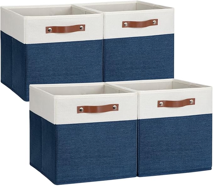 DULLEMELO 12 inch Cube Storage Bins, Gift Baskets Empty for Boy Girl Mother Father Christmas Festival,Fabric Storage Bins Cube Organizer Baskets With Leather Handles(White&Blue-4 Pack)
