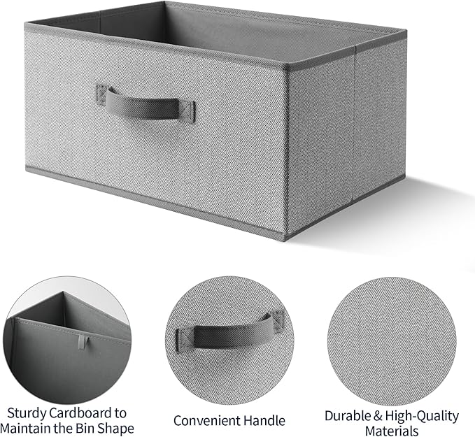 Storage Baskets, 15.7 Inch Woven Fabric Bins, Storage Cubes with Reinforced Handles, Organizer Bins for Closet Shelves, Foldable, for Toys, Clothes, Natural Beige (3PCS/Grey-15.7*11*7.8inch)