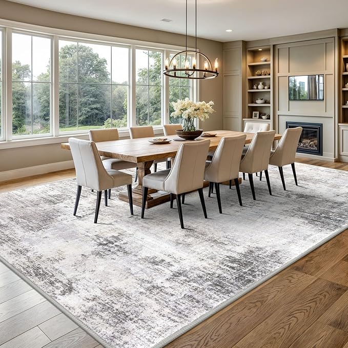 IOHOUZE Abstract Area Rugs 9x12 Ft Washable Large Rugs for Living Room, Non Slip Dining Room Rug, Printed Faux Wool Rugs for Bedroom, Floor Carpet for Office Nursery Playroom, Grey Beige