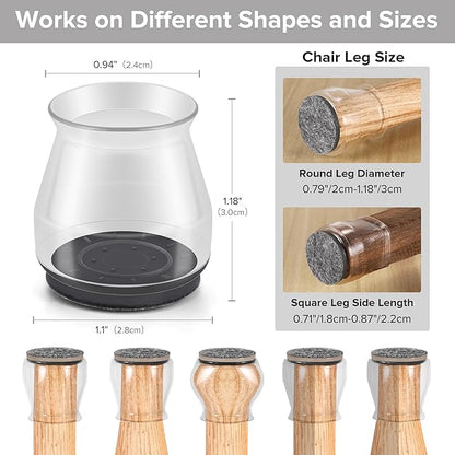 24PCS Upgraded Silicone Chair Leg Floor Protectors for Hardwood Floors, Furniture Sliders for Chair Legs, Felt Bottom Furniture Pads, Anti-Slip Round&Square Cap Covers to Scratch and Reduce Noise