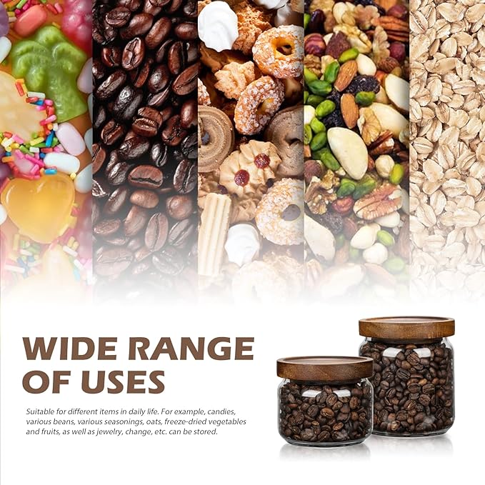 2PCS Small Glass Storage Jars with Airtight Lids, 11 fl oz (300ml) coffee container with Wooden Lid, Glass Pantry Canister for Beans, Rice, Sugar and etc