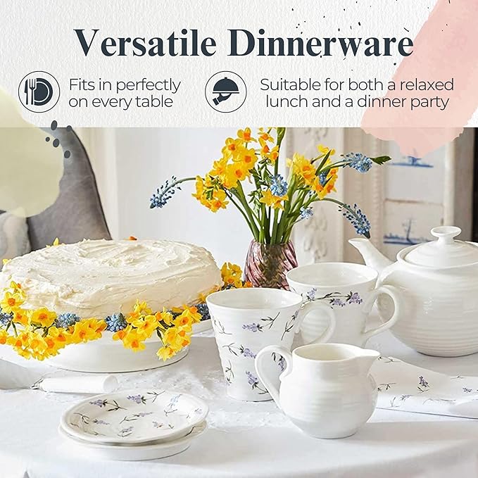 Portmeirion Sophie Conran Lavandula Side Plates - Set of 4, Ripple Edge with Lavender Design - For Tapas, Afternoon Tea & Snacks - 6 Inch Floral Porcelain Dishes for Garden Parties & Dining Events