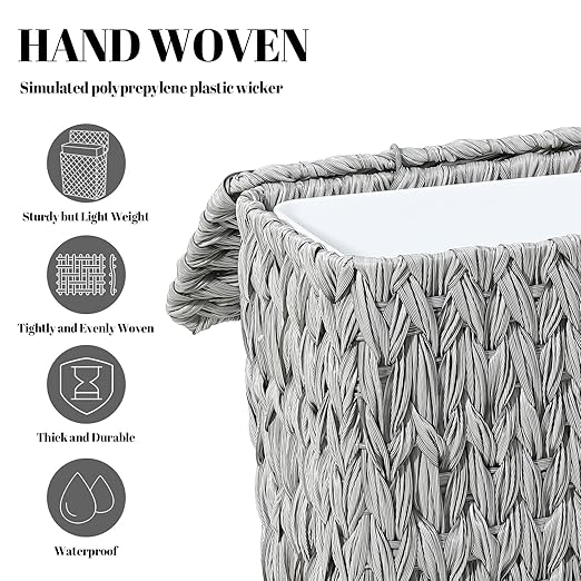 3 Gallon Wicker Trash Can,Grey Bathroom Trash Cans with Lid,Waterproof Slim Waste Basket for Bedroom,Home Office,Narrow Garbage Can with Removable Liner