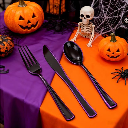 WDF 180 Pieces Black and Purple Halloween Plastic Silverware - Black Flatware Set Include 60 Forks, 60 Knives and 60 Spoons Heavy Duty Plastic Cutlery Purple Utensils for Halloween Party/Birthday